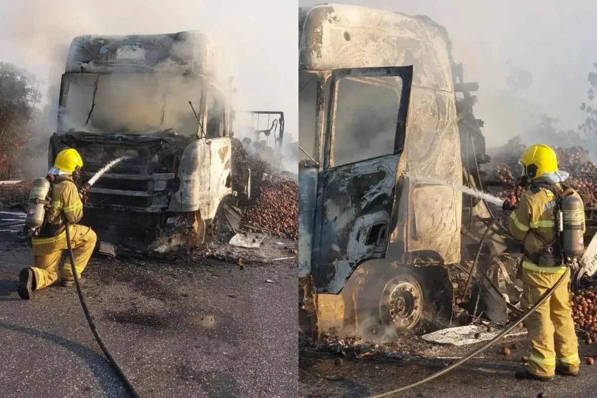 Incêndio destrói caminhão de maçãs em posto fiscal na BR-153